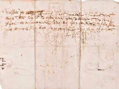 El reverso del manuscrito de Hernán Cortés, robado del Archivo General de la Nación de México.