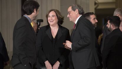 Ada Colau amb Quim Torra i Jordi Puigneró en l'obertura del Mobile World Congress.