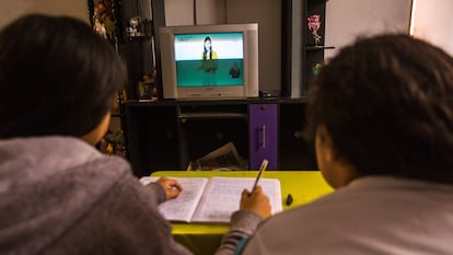 Two children follow a virtual class from home.