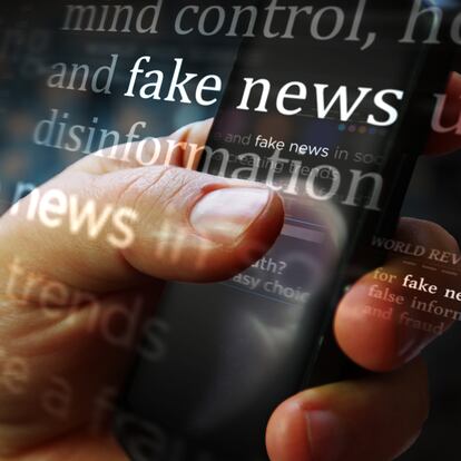 Titles on screen in hand with fake news and hoax information 3d illustration