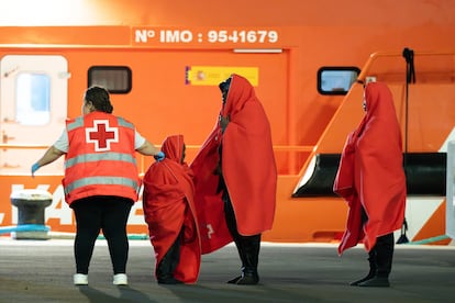 Varios inmigrantes rescatados el pasado 13 de abril y trasladados al muelle de Puerto del Rosario, en Fuerteventura.