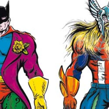 <b>Personajes hechos a partir de retales de superhéroes de DC Comics (izquierda) y Marvel (derecha)</b>