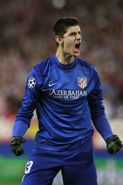 El portero belga del Atlético de Madrid Thibaut Courtois celebra la victoria 