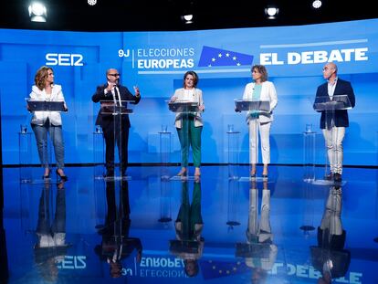 Un momento del debate de los candidatos a las elecciones europeas organizado por EL PAÍS, Cadena SER y El HuffPost, este lunes.