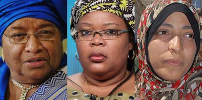 2011: Ellen Johnson-Sirleaf, Leymah Gbowee e Tawakel Karman

O prêmio foi para as liberianas Ellen Johnson-Sirleaf, presidenta do país africano, Leymah Gbowee, ativista pelos direitos das mulheres africanas, e a opositora iemenita Tawakel Karman. Após a decisão, o primeiro-ministro da Noruega declarou: “Este prêmio é uma homenagem a todas as mulheres do mundo e seu papel nos processos de paz e reconciliação”.