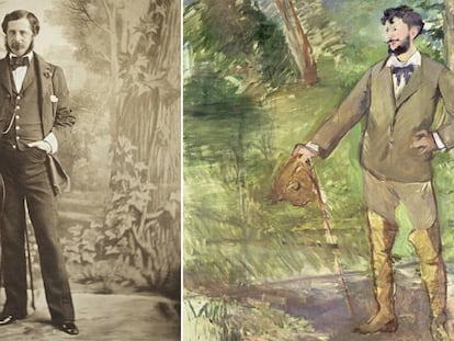 A la izquierda, 'Retrato de un dandy', de Aguado (1854), y 'Retrato de Emile-Auguste Carolus-Duran' (1876), de Manet.