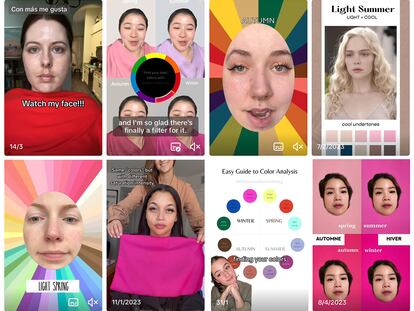 Collage con varios pantallazos de vídeos de TikTok donde distintos usuarios utilizan filtros o telas para analizar los colores de su cara.