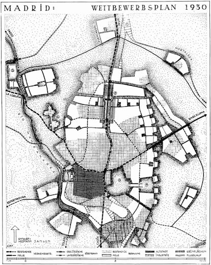 El futuro de Madrid, en alemán. En este croquis presentado en 1929, el arquitecto Hermann Jansen plantea su visión, conjunta con Secundino Zuazo.