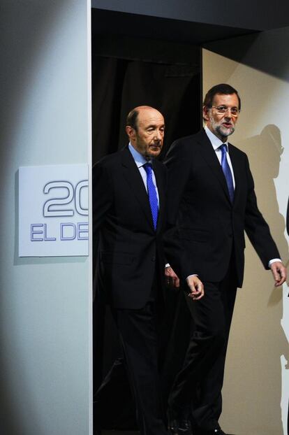 El líder socialista, Alfredo Pérez Rubalcaba, y el popular, Mariano Rajoy, ayer en el debate.