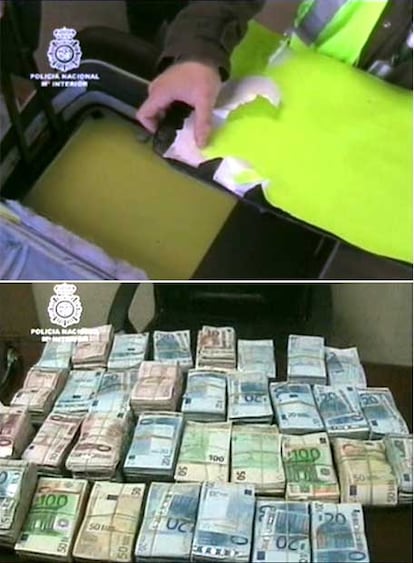 Arriba, una maleta con doble fondo donde la policía encontró la droga. Abajo, parte del dinero incautado a la banda.