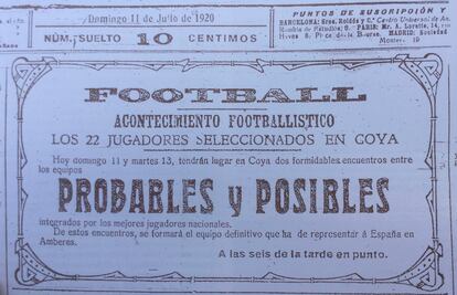 Cartel que anunciaba la celebración de un partido con los jugadores seleccionados para los Juegos Olímpicos de Amberes 1920.