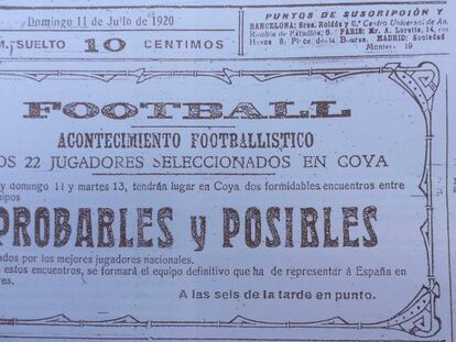 Cartel que anunciaba la celebración de un partido con los jugadores seleccionados para los Juegos Olímpicos de Amberes 1920.