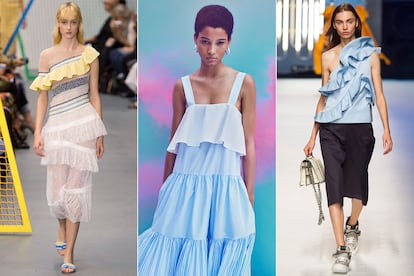 Movimiento en forma de volante

Los volantes invaden los tops y vestidos más veraniegos. Ya llevan tiempo acechando pero esta será su temporada definitiva. La versiones que acumulan pocos pero de gran tamaño son las ganadoras. En la imagen, los diseños de Peter Pilotto, Zara y MSGM.

 