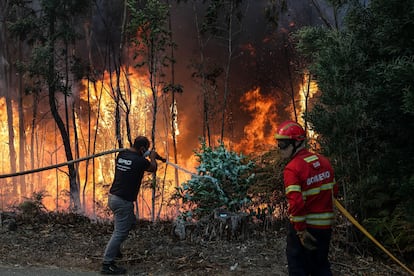 Los bomberos trabajan por apagar las llamas en Macinhata do Vouga, Portugal, este lunes.