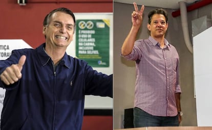 Bolsonaro e Haddad após votarem neste domingo.