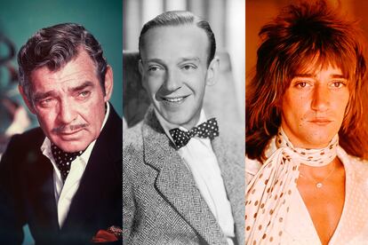 Clark Gable, Fred Astaire y Rod Stewart con pañuelos y pajarita de lunares.