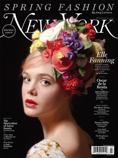 Elle Fanning repite en la lista con otra portada de peinado bucólico. Se trata del número especial de primavera 2013 de New York Magazine.