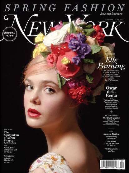 Elle Fanning repite en la lista con otra portada de peinado bucólico. Se trata del número especial de primavera 2013 de New York Magazine.