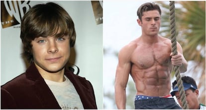 A la izquierda, Zac Efron en 2005, en su época de 'High School Musical', una fama prematura que le acabó pasando factura. A la derecha, el actor durante uno de sus entrenamientos.