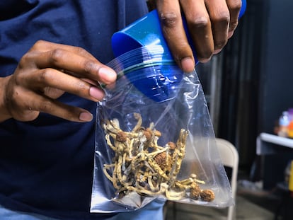 A vendor bags psilocybin mushrooms at a cannabis marketplace on May 24, 2019, in Los Angeles.