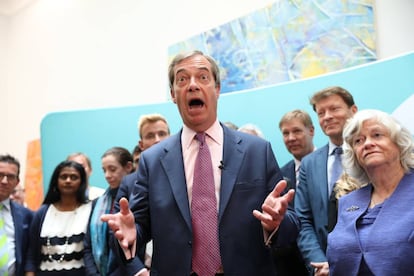 El líder del Partido del Brexit, Nigel Farage, tras conocer los resultados de las elecciones europeas el 26 de mayo de 2019.