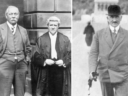 A la izquierda, el escritor Arthur Conan Doyle y el abogado Craigie Aitchison, durante la revisión del 'caso Slater' en 1928. A la derecha, Oscar Slater, el judío alemán condenado en Glasgow por un crimen que no cometió.