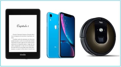 De izquierda a derecha: Kindle Paperwhite reacondicionado y certificado, Apple iPhone XR 256GB y robot aspirador iRobot Roomba 980.