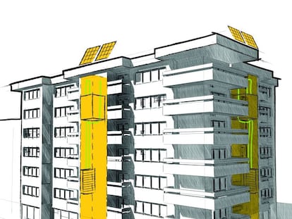 Proyecto de edificio con ascensor solar.