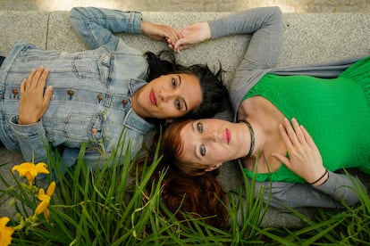 Amaya, left, and Susana, who both suffered miscarriages, pose in Plaza de España, in Madrid.