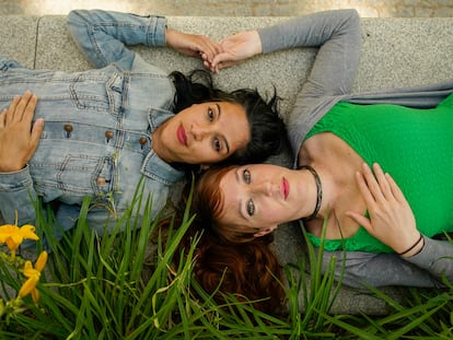 Amaya, left, and Susana, who both suffered miscarriages, pose in Plaza de España, in Madrid.