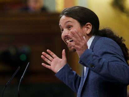 El l&iacute;der de Podemos, Pablo Iglesias, durante su intervenci&oacute;n ayer en el Congreso de los Diputados.