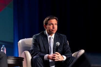 Republican U.S. presidential candidate and Florida Governor Ron DeSantis looks on as he speaks at Erick Erickson's conservative political conference "The Gathering" in Atlanta, Georgia, on Aug. 18, 2023.