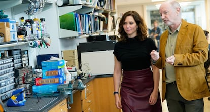 Isabel Díaz Ayuso y Rafael Yuste en los laboratorios de la Universidad de Columbia, en Nueva York (EE UU), en octubre de 2023.