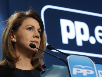 Dolores de Cospedal en la sede del PP.