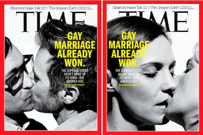 El beso de portada en Time (2013) 
	

	El 8 de abril de 2013 la revista norteamericana Time publicó dos portadas distintas con la misma frase (“El matrimonio gay ya ha ganado”) y dos parejas del mismo sexo besándose. La imagen ilustraba un artículo de la revista en apoyo al matrimonio gay.