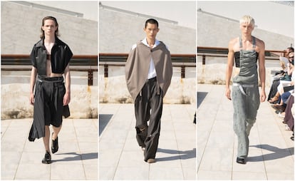 Tres de las propuestas del diseñador italiano Niccolò Pasqualetti, presentadas el 19 de junio en Pitti Uomo.