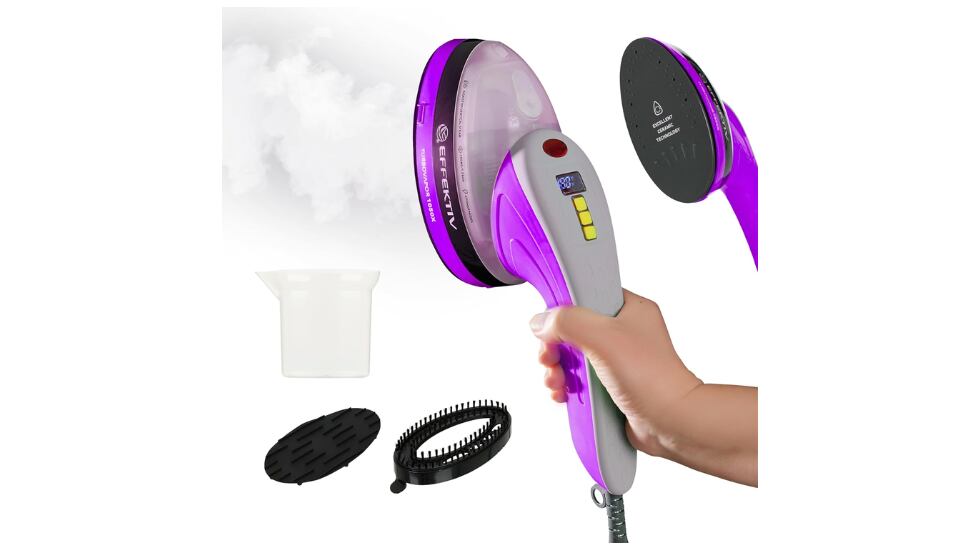 Plancha vertical de vapor de color morada.