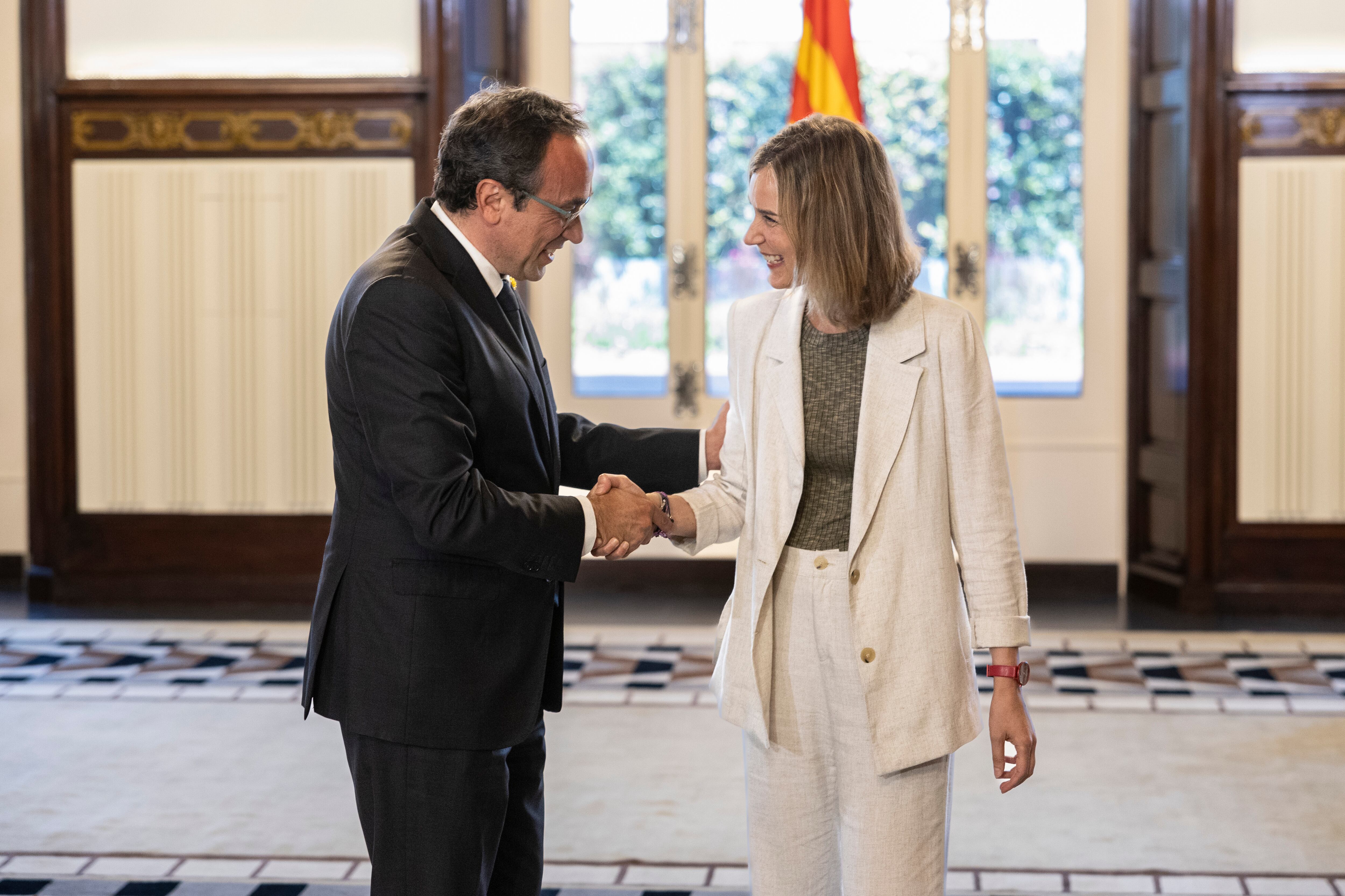 El presidente del Parlament, Josep Rull, y Jéssica Albiach, de Comú Podem, el martes.