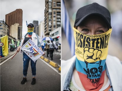 “Creemos que la salud no es un negocio”, asegura con firmeza Marleny Muñoz, enfermera de un hospital en el noroccidente de Bogotá, mientras marcha junto al sindicato de trabajadores sanitarios al que pertenece. Esa es su principal motivación para echarse a la calle en plena tercera ola de la pandemia en Colombia, un país que ha reportado más de 400 muertos diarios por la covid-19 durante las últimas semanas. El momento nunca va a ser ideal para manifestarse, razona Marleny, pero “si todos no ponemos un granito de arena no estamos en nada”. A sus 40 años tiene dos hijas y ya es abuela, pues la mayor, una universitaria de 21, también es mamá. “Es un buen ejemplo para ellas, la mayor no ha podido salir debido a que estudia y trabaja, pero yo la represento”, asegura. Muñoz ha estado sostenidamente en la calle este mes porque no se fía de este Gobierno, ni cree que haya desistido realmente de las reformas tributaria y a la salud que las protestas le han llevado a retirar. Solo sale de día y con las organizaciones sociales, explica. Censura los episodios de vandalismo que se suelen producir en las noches, aunque los atribuye a la agresividad de las fuerzas de seguridad. “Si el Esmad o la policía no atacan, los jóvenes funcionan bien”, sostiene.