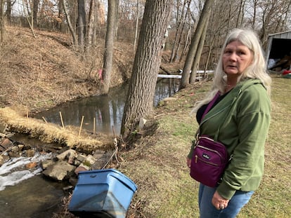 Sherry Bable stands beside Sulphur Run, a creek, February 25, 2023, in East Palestine, Ohio, near the spot where a train derailed in a fiery crash. It's among local waterways where "Keep Out" signs are being posted as they are examined for contaminants.