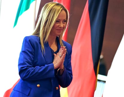 La primera ministra de Italia, Giorgia Meloni, en una de las reuniones del G-20 celebrada en Nueva Delhi, el pasado día 9 de septiembre.