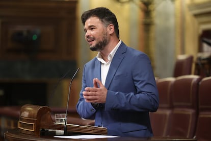 El portavoz de ERC en el Congreso, Gabriel Rufián, en una intervención este miércoles en el pleno.