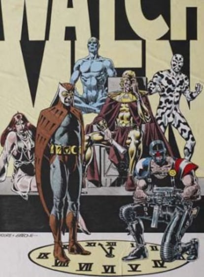 Los personajes de Watchmen: (de izquierda a derecha), Espectro de Seda (Black Canary), Búho Nocturno (Blue Beetle), Ozymandias (Thunderbolt), Comediante (Peacemaker) y Rorschach (Question).