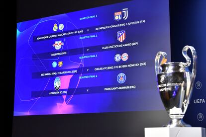 Cuadro del sorteo de los cuartos de final de la Champions League celebrado este viernes en Nyon (Suiza).