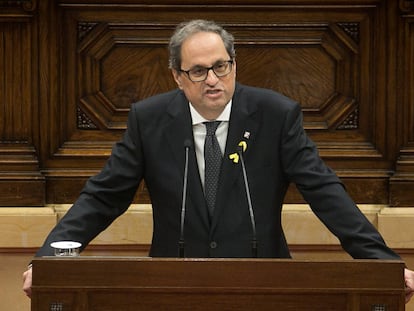QuimTorra durante su discurso en la segunda vuelta del pleno de investidura el 14 de mayo de 2018 en el Parlament de Catalunya.