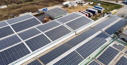 Paneles solares instalados en el tejado de la fábrica de Losán en Soria, que ocupan unos 25.000 metros cuadrados de los casi 30.000 que mide la cubierta en total.
