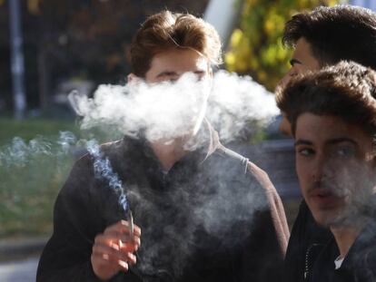 Varios jóvenes fuman en un parque en Terrassa, en diciembre pasado.