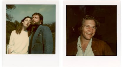 Two Polaroids from Candy Clark’s book ‘Tight Heads’. On the left, actress Anjelica Huston with an unidentified companion and to the right, actor Jeff Bridges.
