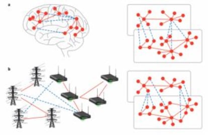 Esquema de las conexiones internas de una red (rojo) y las conexiones entre redes (azul) en el cerebro y en una red eléctrica.