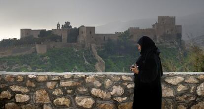 Una mujer contempla la Alcazava de Almer&iacute;a.